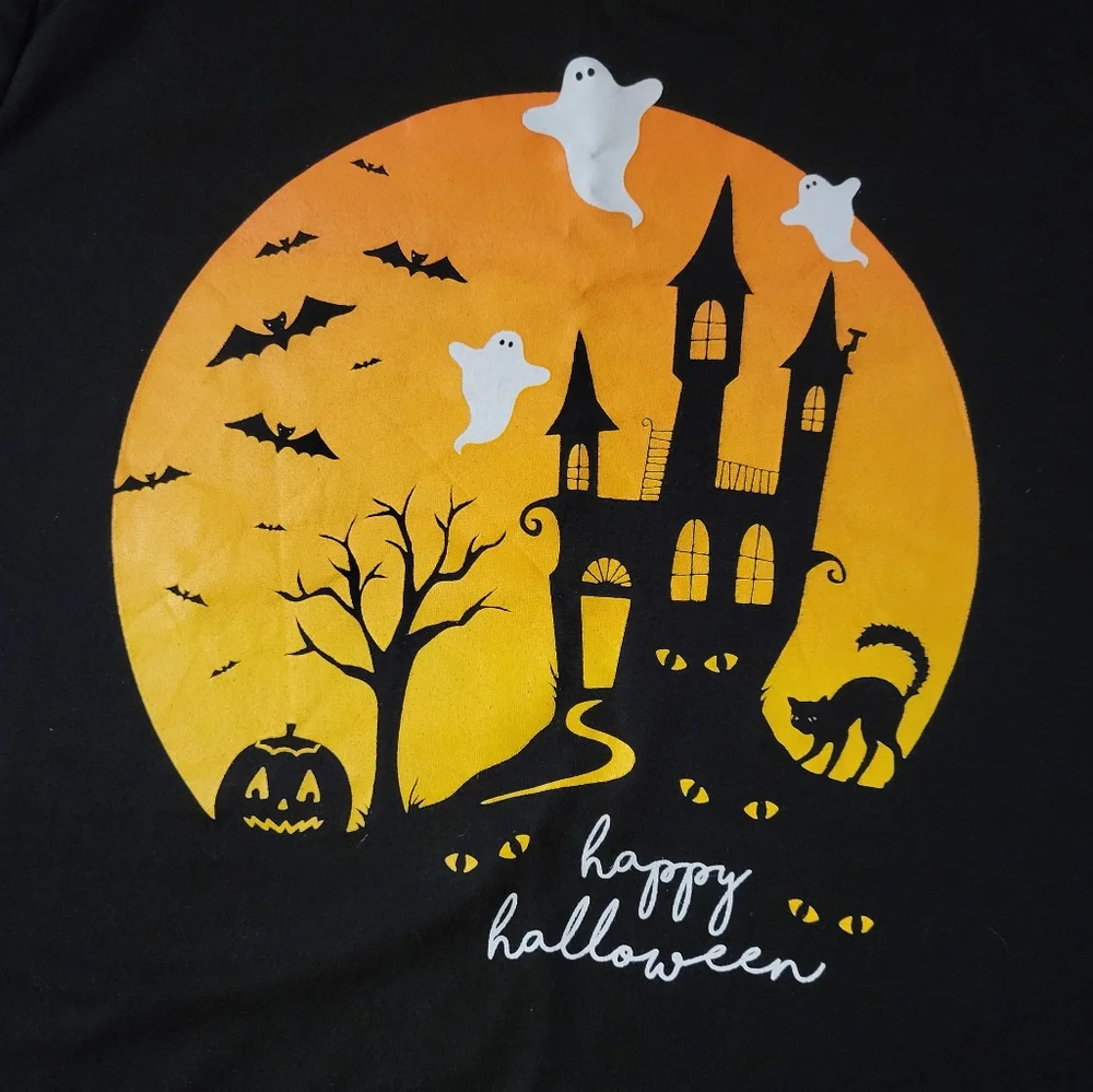 Basic Editions Happy Halloween T-Shirt Unisex Cat Pumpkin Bat Ghost Castle Tree